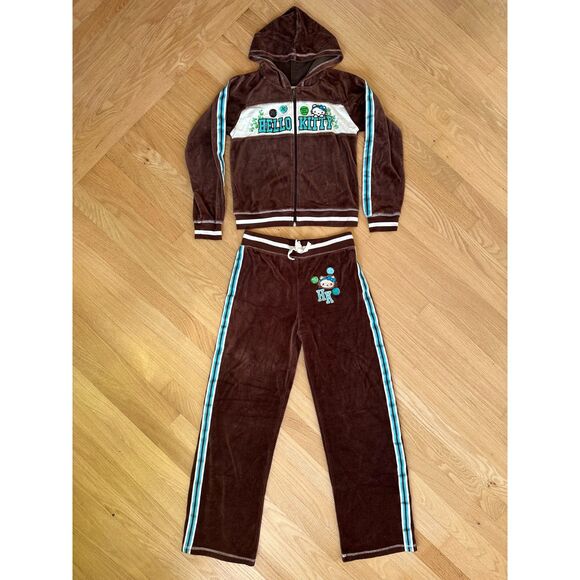 Y2k Hello Kitty Chocolate Brown Blue Tracksuit Jacket & Bottoms Girls 14/16 - Picture 1 of 15